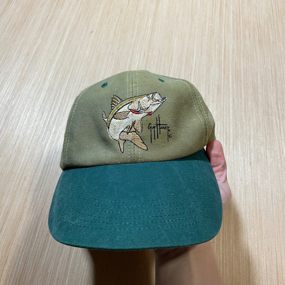 Guy Harvey Fishing Hat Mens Khaki Green Snook Embroidered Adjustable Cap